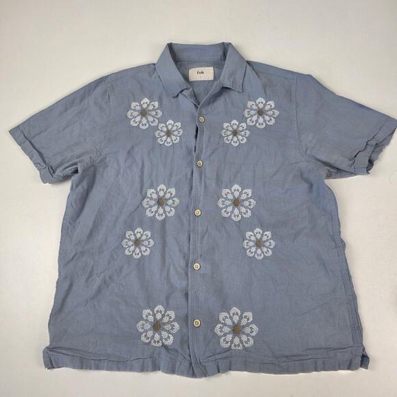 Folk Shirt Mens Large Embroidered Floral Button Up Short Sleeve Linen - Picture 1 of 9
